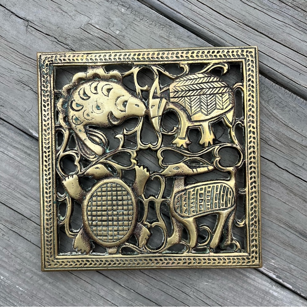 Vintage Brass Trivet Wall Hanging Wild Animals Fish Turtle Deer Elephant